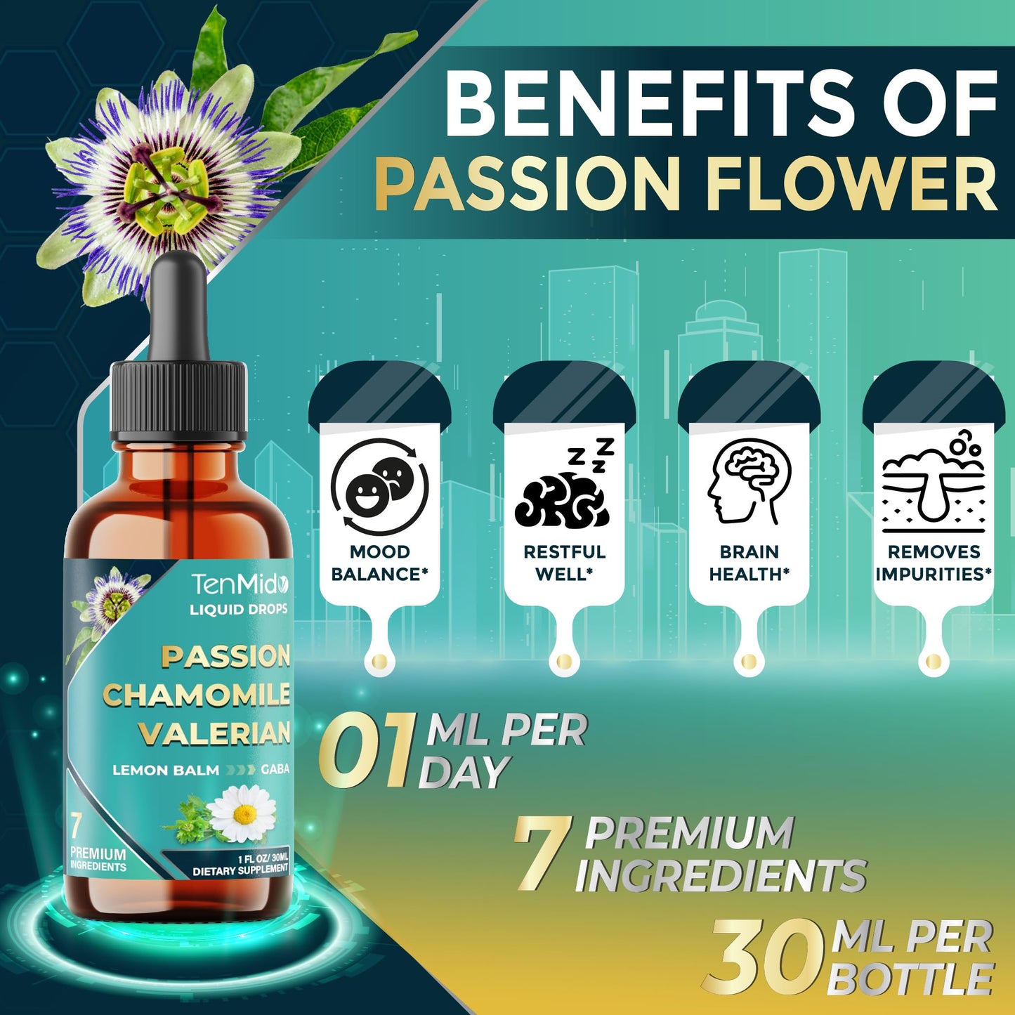 Tenmido 7in1 Passion Flower Drops 30ml – Chamomile, Valerian & Magnesium Glycinate