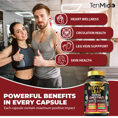 Tenmido Red Vine Leaf Extract Supplement – 7-in-1 Formula, 150 Capsules (75 Days)