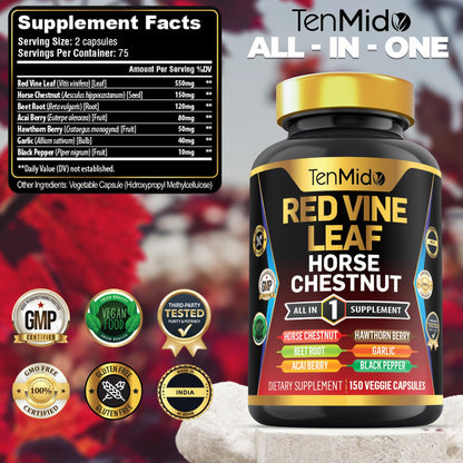 Tenmido Red Vine Leaf Extract Supplement – 7-in-1 Formula, 150 Capsules (75 Days)