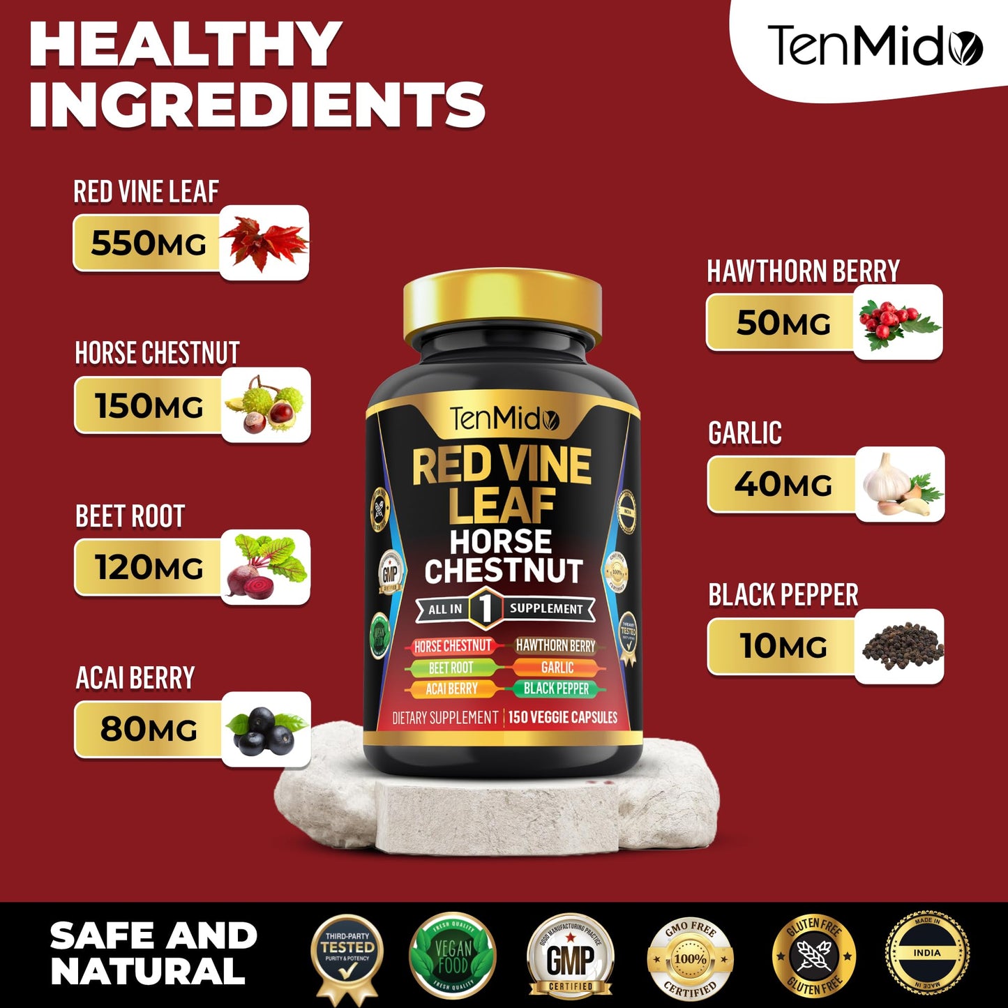 Tenmido Red Vine Leaf Extract Supplement – 7-in-1 Formula, 150 Capsules (75 Days)
