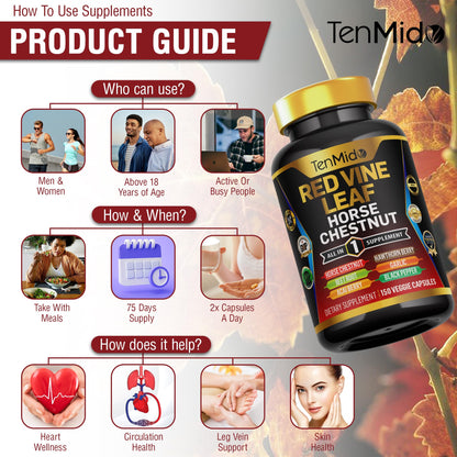 Tenmido Red Vine Leaf Extract Supplement – 7-in-1 Formula, 150 Capsules (75 Days)
