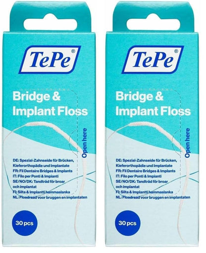 TePe Bridge & Implant Floss for Implants, Bridges & Braces – 30 Pieces (Pack of 2)