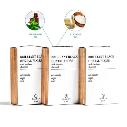 Terra & Co. Brilliant Black Dental Floss (3 Pack) – Vegan, Cruelty-Free, Activated Charcoal