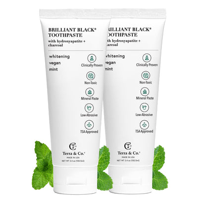 Terra & Co. Brilliant Black Hydroxyapatite Toothpaste for Whitening Teeth – USA-Made, Fluoride-Free, Vegan, SLS-Free, Low Abrasion – Mint, 3.4 oz