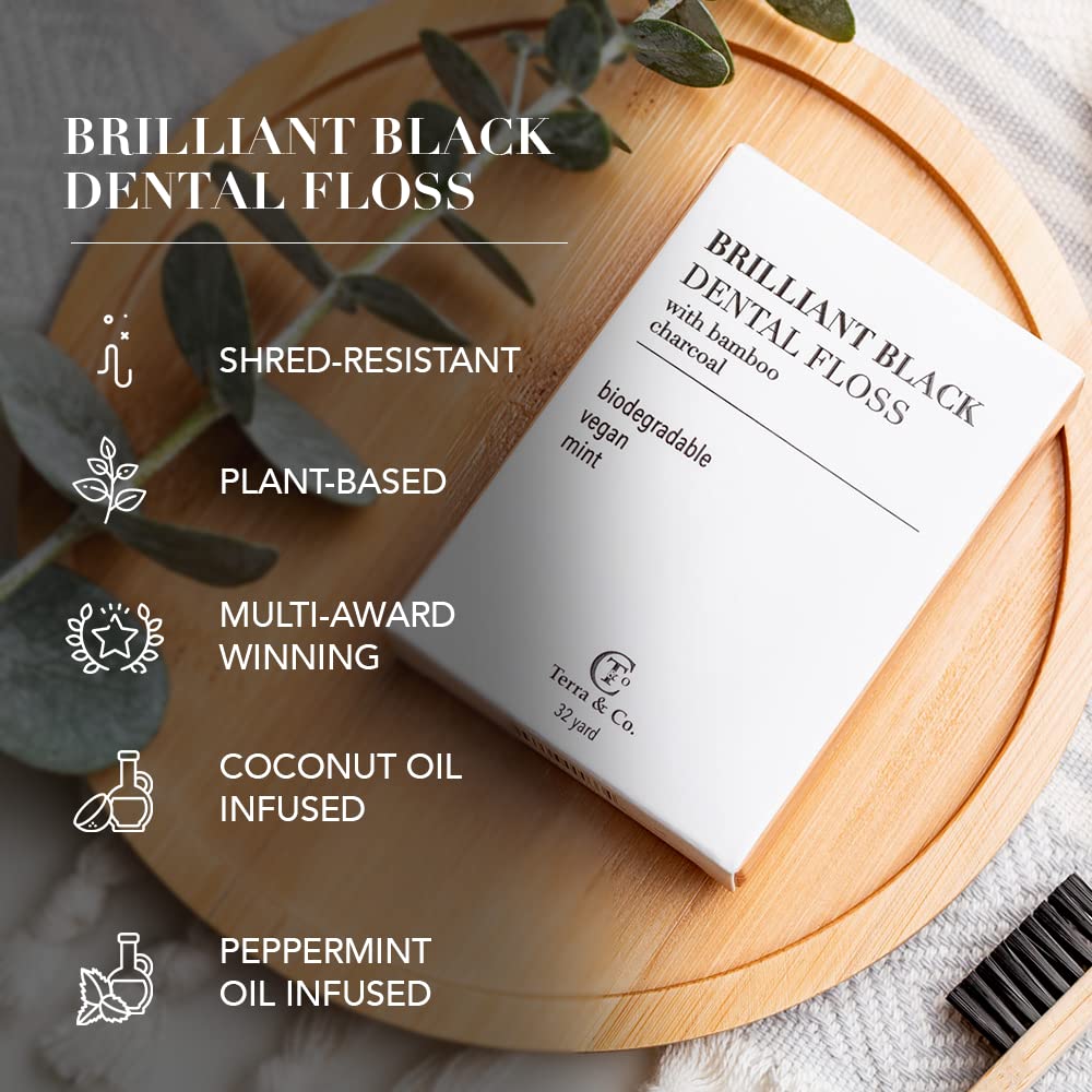 Terra & Co. Brilliant Black Dental Floss (3 Pack) – Vegan, Cruelty-Free, Activated Charcoal