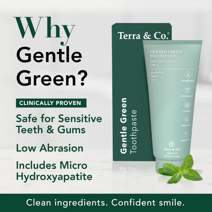 Terra & Co. Gentle Green Micro-Hydroxyapatite Toothpaste for Sensitive Teeth – USA-Made, Fluoride-Free, Vitamin B12, Mint, 3.4 oz
