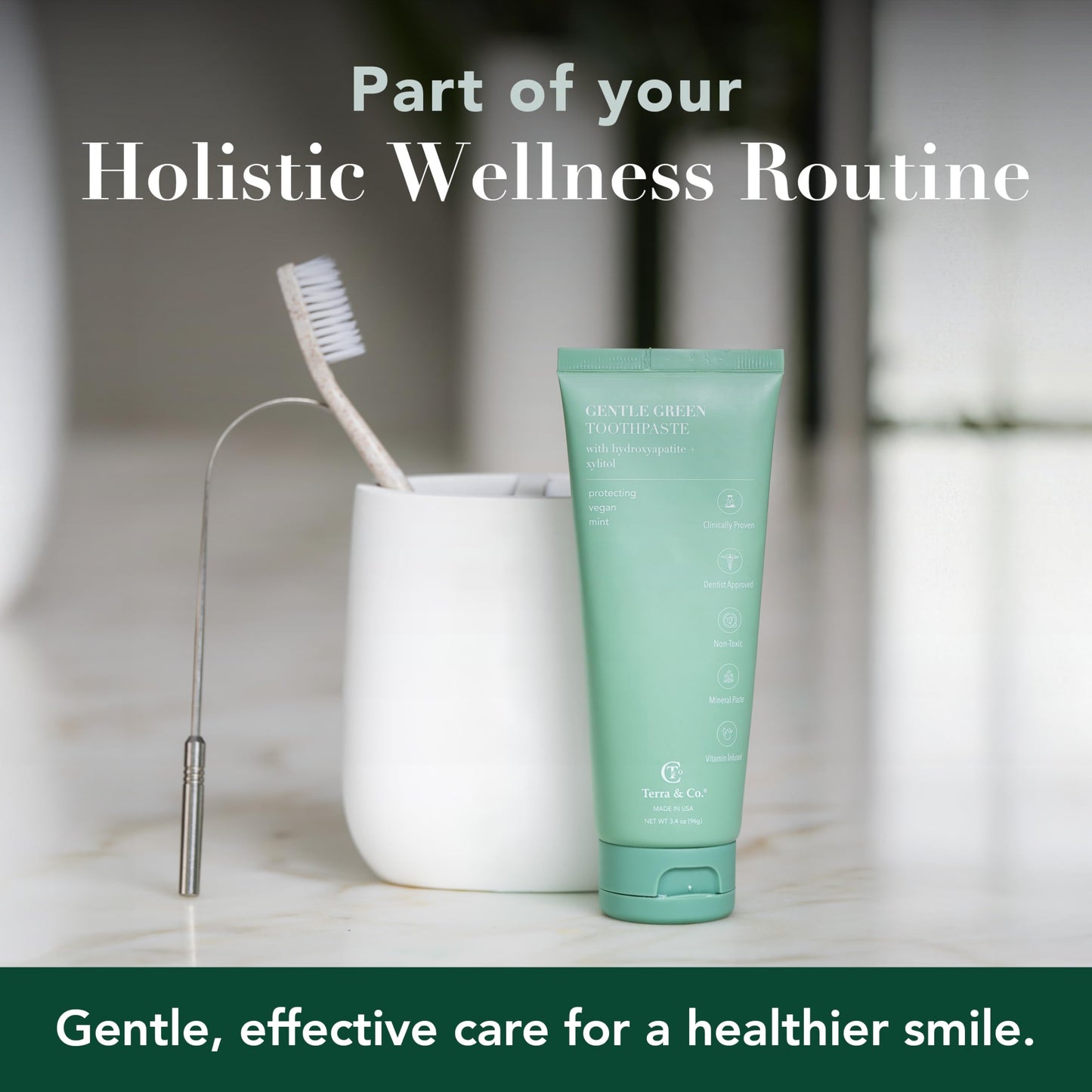 Terra & Co. Gentle Green Micro-Hydroxyapatite Toothpaste for Sensitive Teeth – USA-Made, Fluoride-Free, Vitamin B12, Mint, 3.4 oz