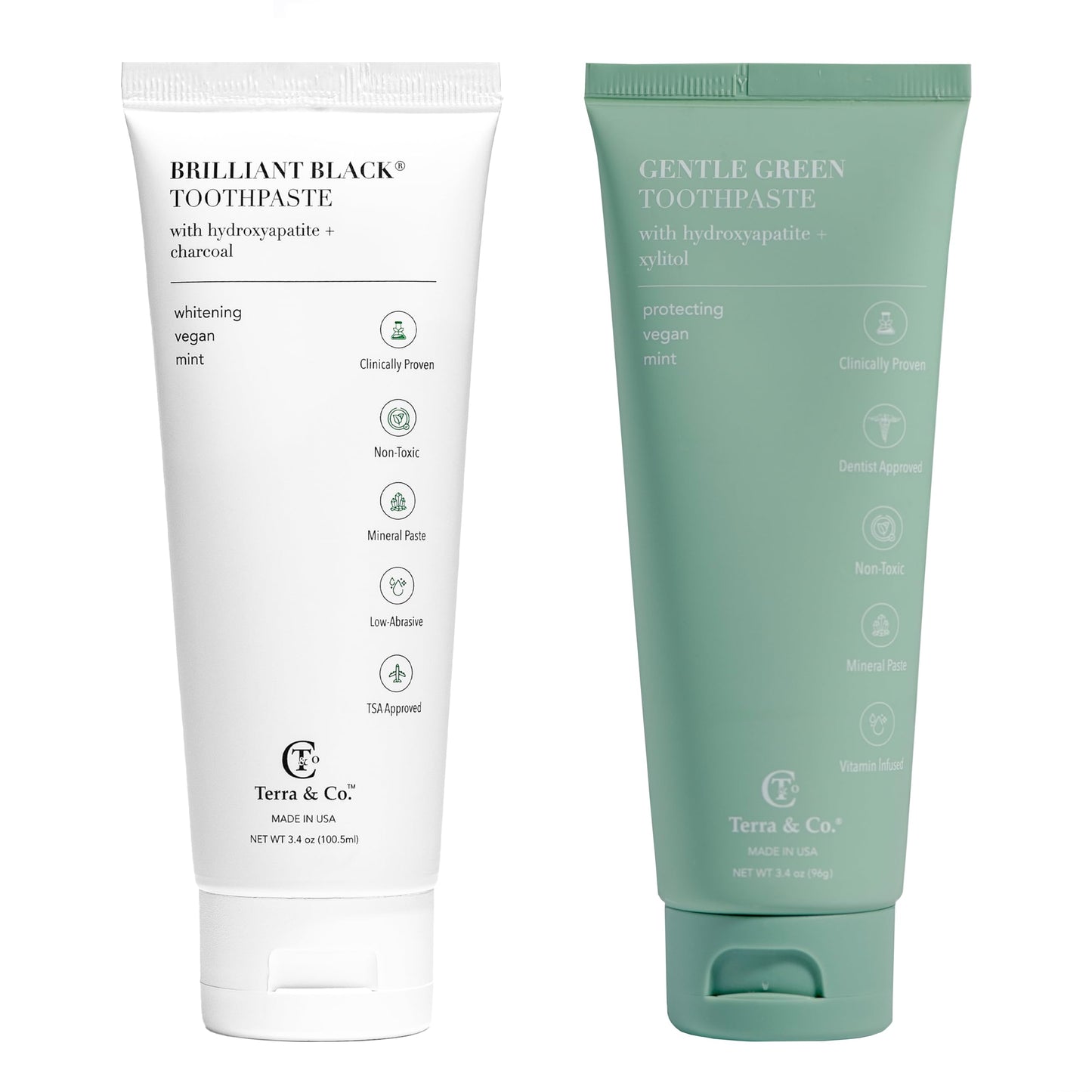 Terra & Co. Toothpaste Combo – Brilliant Black & Gentle Green (3.4 oz) – US-Made, Fluoride/SLS-Free