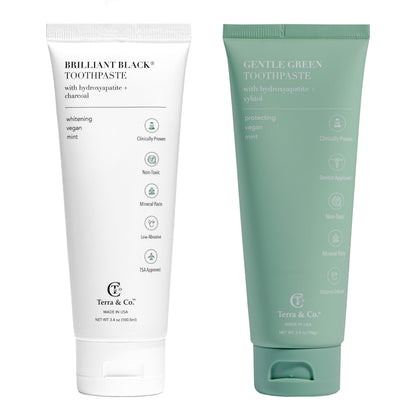 Terra & Co. Toothpaste Combo – Brilliant Black & Gentle Green (3.4 oz) – US-Made, Fluoride/SLS-Free