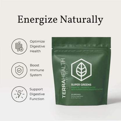 Terra Health Essentials Super Greens | Organic Greens Powder with Probiotics | 30 Servings