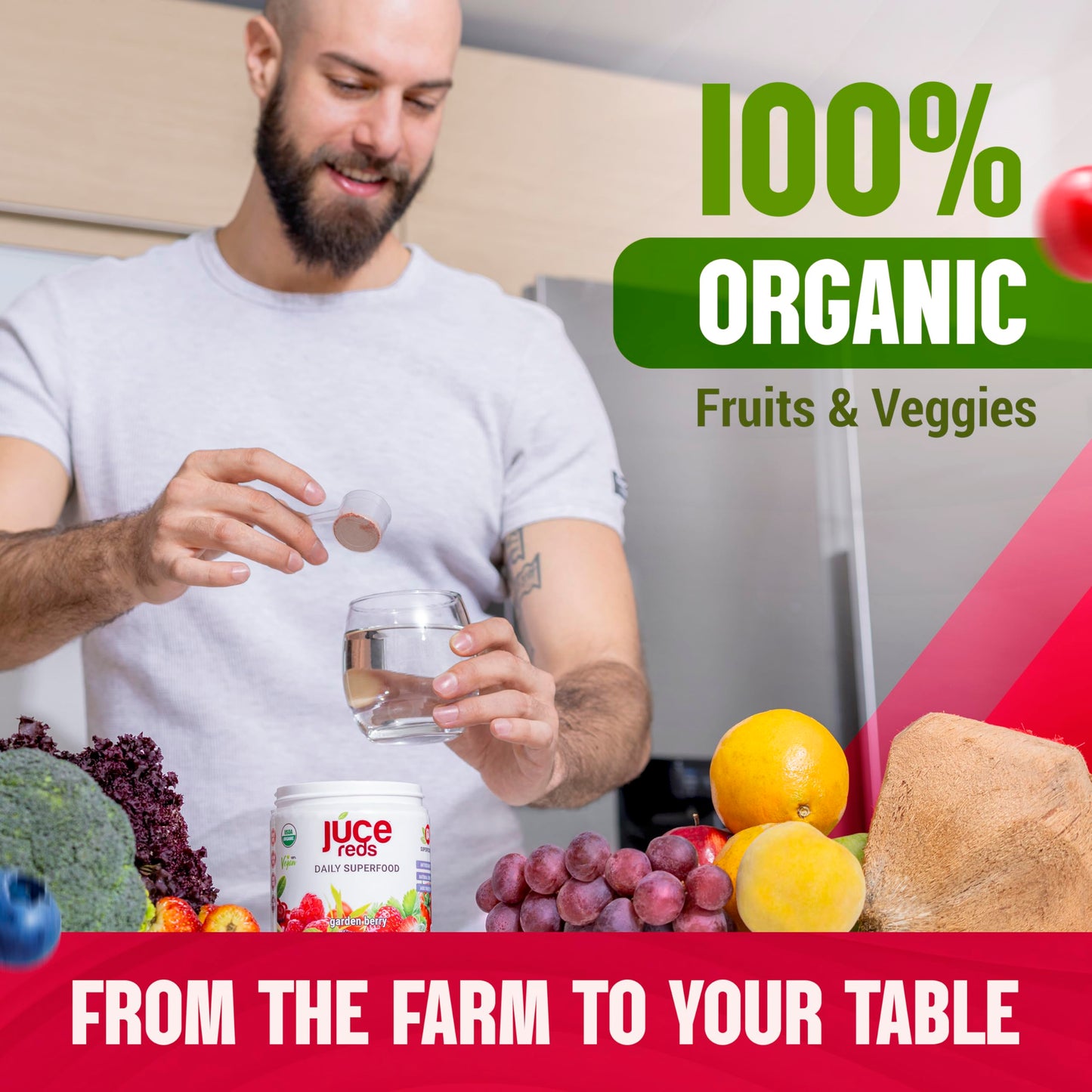 Terra Kai Organics JUCE Reds Organic Superfood Powder – Garden Berry Flavor | 20 Servings (230g)