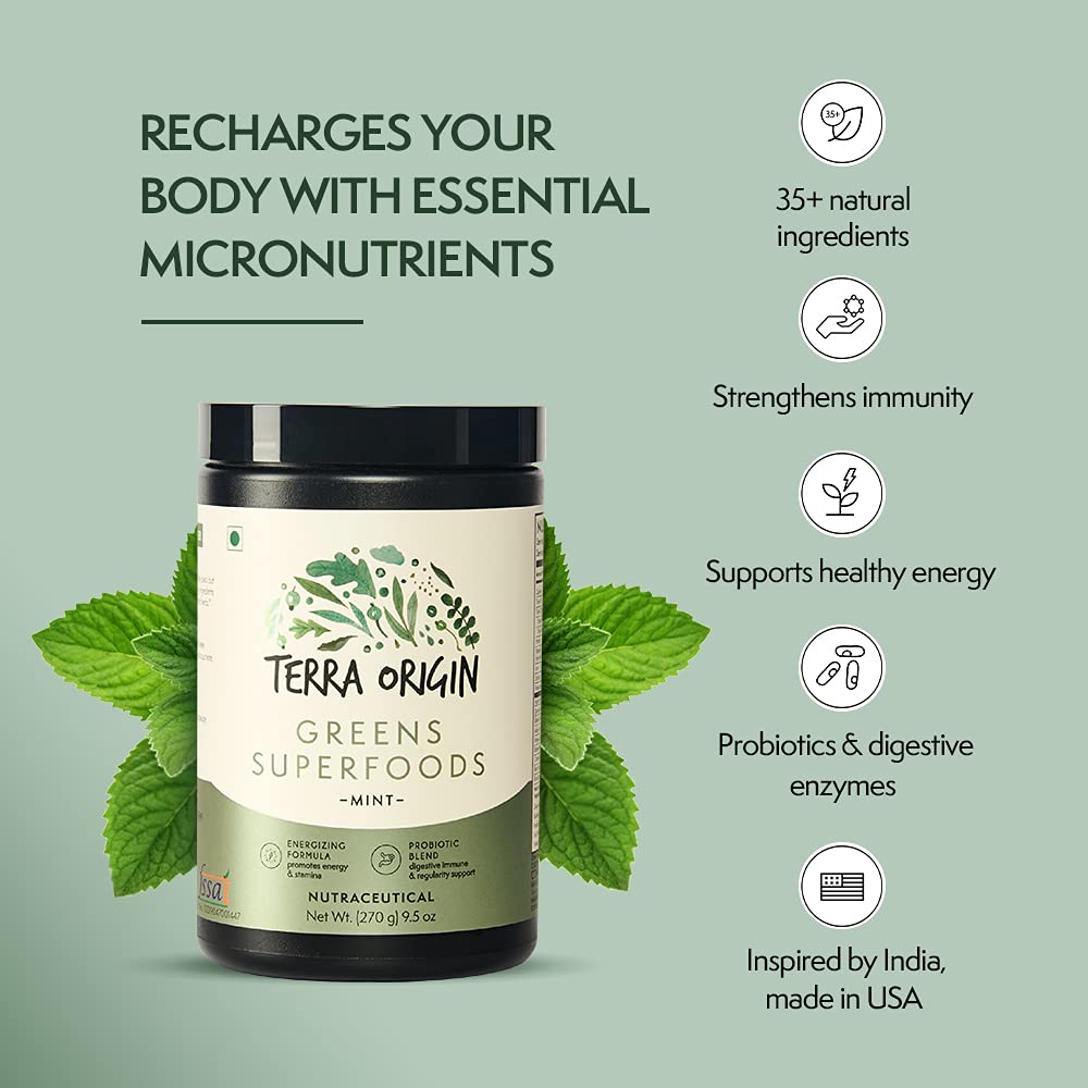 TERRA ORIGIN Greens Powder with Probiotics & Ashwagandha – Digestive Enzymes, Gut Health, Immune Support | Mint | 30 Servings