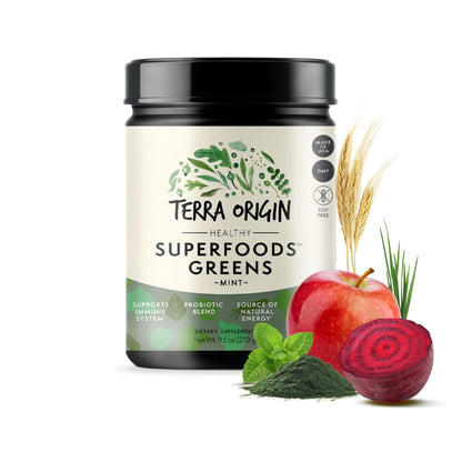 TERRA ORIGIN Greens Powder with Probiotics & Ashwagandha – Digestive Enzymes, Gut Health, Immune Support | Mint | 30 Servings