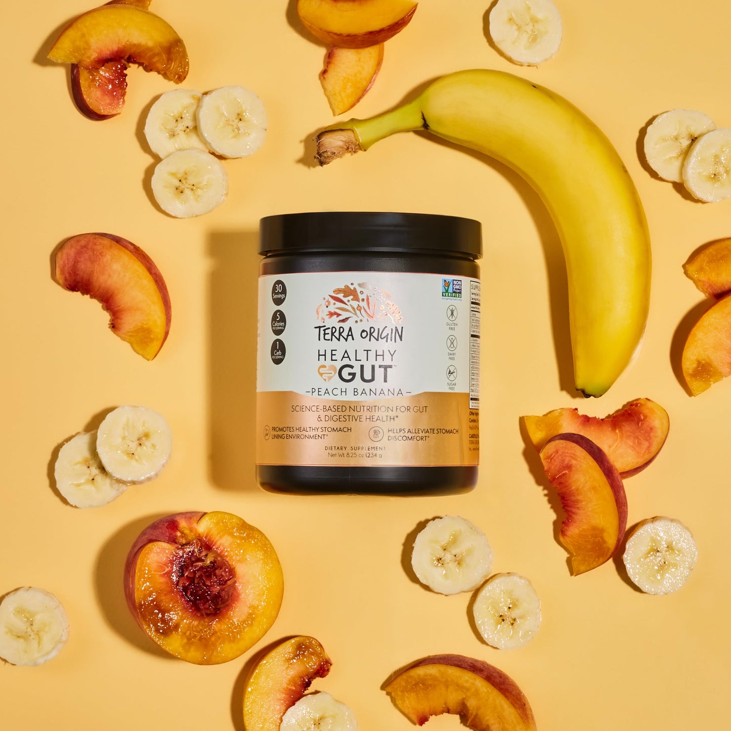 Terra Origin Healthy Gut Peach Banana | 30-Servings with L-Glutamine, Zinc, Glucosamine