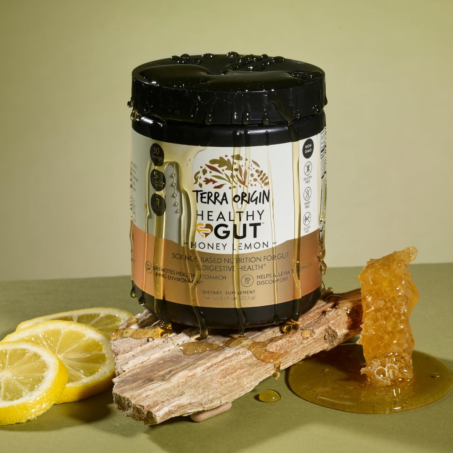 Terra Origin Healthy Gut Powder (Honey Lemon) – 30 Servings | L-Glutamine, Zinc, Slippery Elm & More