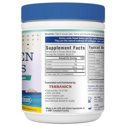 Terranics Hydrolyzed Collagen Peptides – Grass-Fed Bovine, Type I & III, Unflavored 16oz
