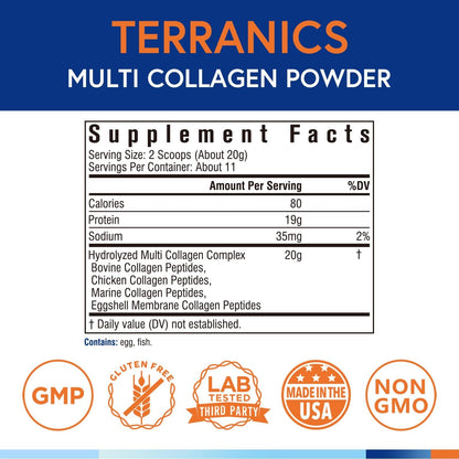Terranics Multi Collagen Peptides – Type I II III V X, Unflavored
