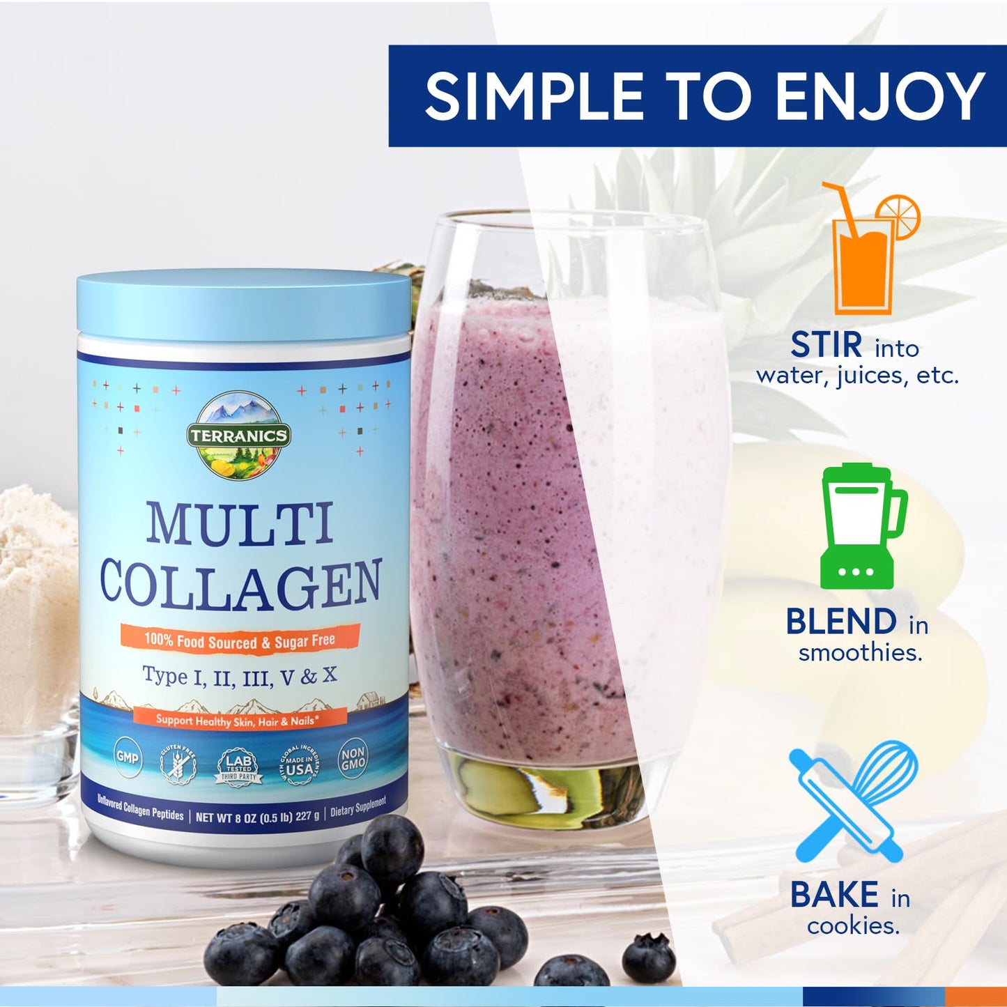 Terranics Multi Collagen Peptides – Type I II III V X, Unflavored