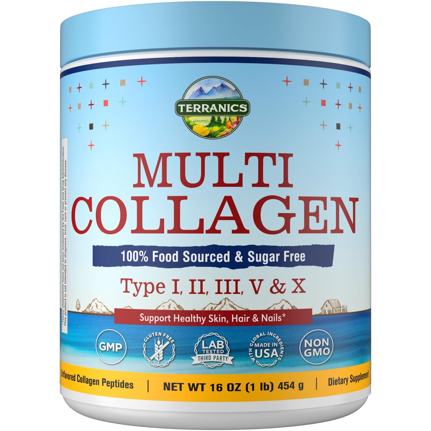 Terranics Multi Collagen Peptides Powder – Hydrolyzed Collagen Types I II III V X, Unflavored, No Sugar, Keto, 16oz