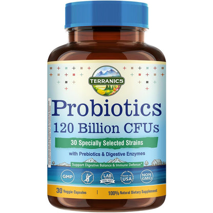 Terranics Probiotics 120 Billion CFU with Prebiotics & Digestive Enzymes | 30 Strains | Non-GMO | No Soy, Dairy & Gluten | 30 Veggie Capsules