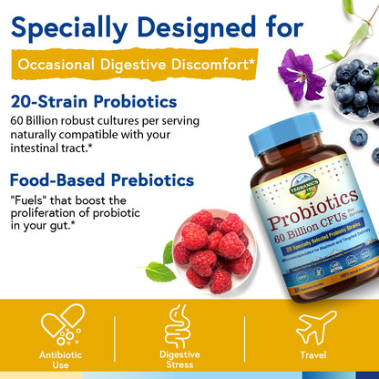 Terranics Probiotics 60 Billion CFU – 20 Strains, 60 Veg Capsules | Non-GMO, Soy/Dairy/Gluten Free