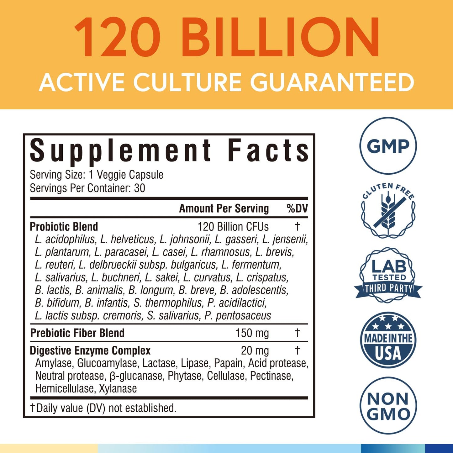Terranics Probiotics 120 Billion CFU with Prebiotics & Digestive Enzymes | 30 Strains | Non-GMO | No Soy, Dairy & Gluten | 30 Veggie Capsules