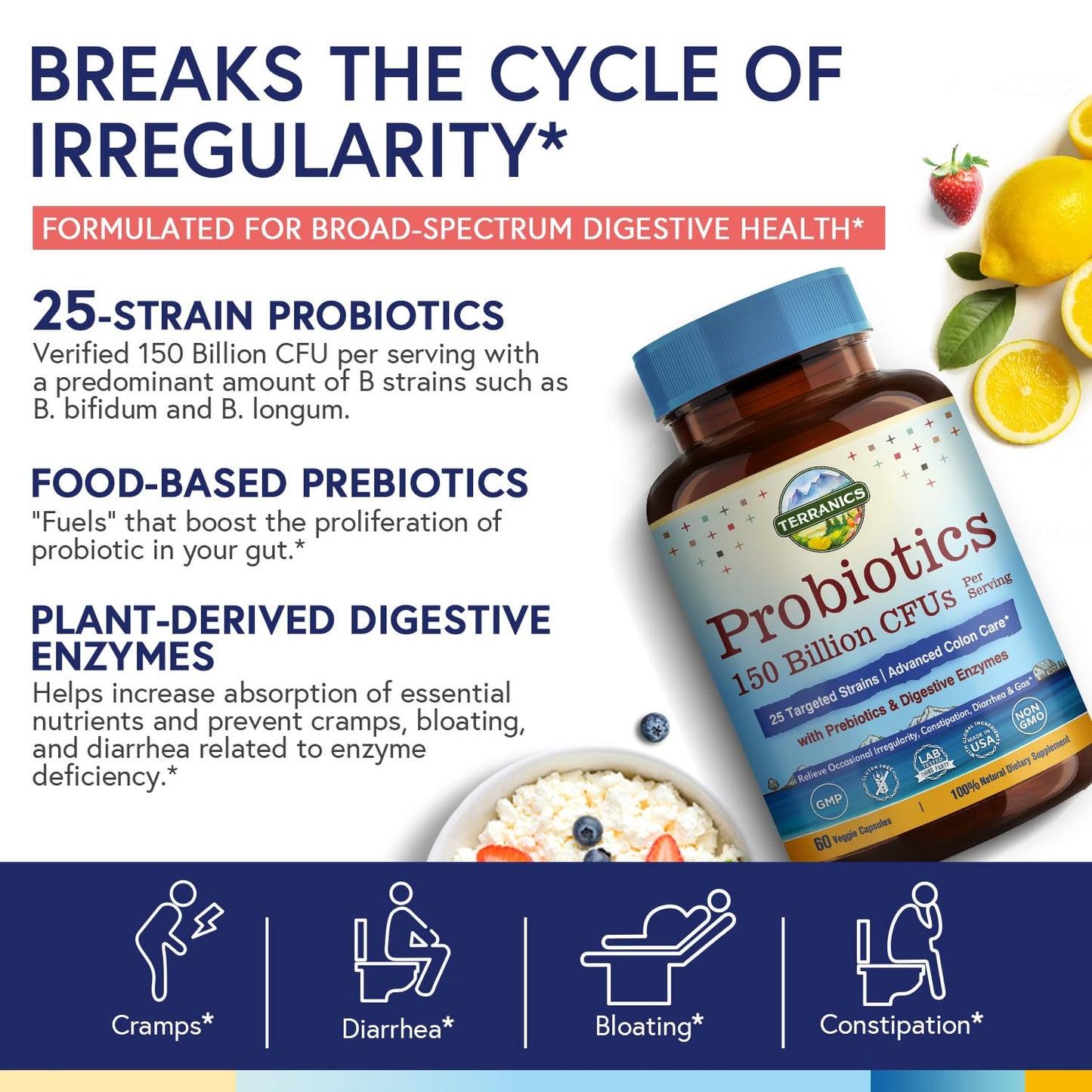 Terranics Probiotics 120 Billion CFU with Prebiotics & Digestive Enzymes | 30 Strains | Non-GMO | No Soy, Dairy & Gluten | 30 Veggie Capsules