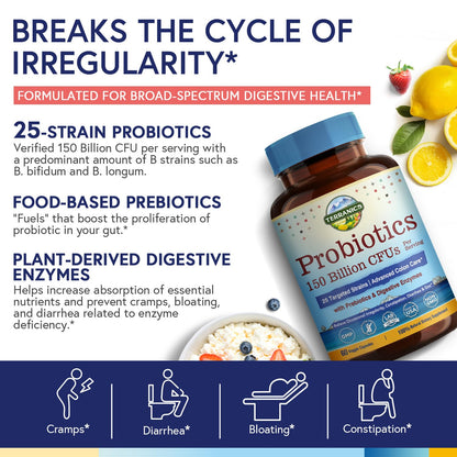 Terranics Probiotics 120 Billion CFU with Prebiotics & Digestive Enzymes | 30 Strains | Non-GMO | No Soy, Dairy & Gluten | 30 Veggie Capsules