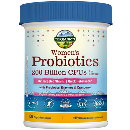 Terranics Daily Probiotics for Women – 60 Vegan Caps, 200B CFU, 32 Strains | Cranberry & Prebiotics