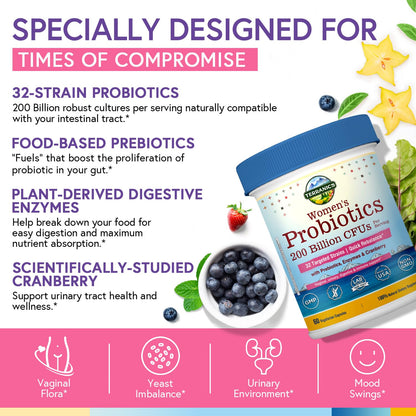 Terranics Daily Probiotics for Women – 60 Vegan Caps, 200B CFU, 32 Strains | Cranberry & Prebiotics