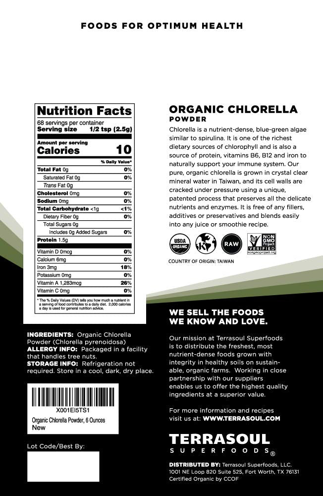 Terrasoul Organic Chlorella Powder (Cracked Cell Walls) - 12 oz (2 Pack)