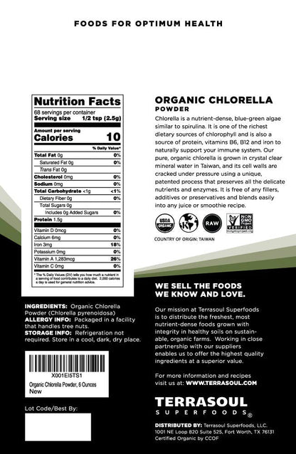 Terrasoul Organic Chlorella Powder (Cracked Cell Walls) - 12 oz (2 Pack)