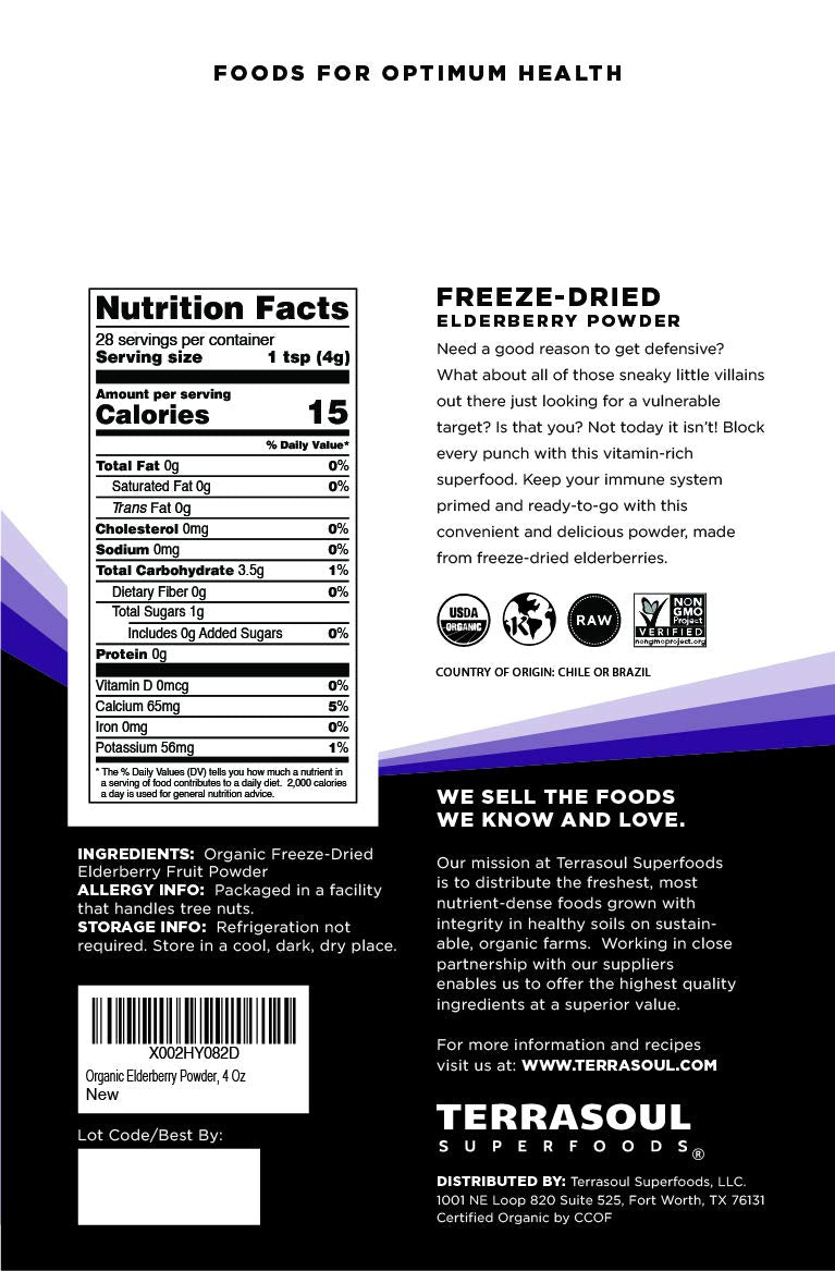 Terrasoul Organic Elderberry Powder - 4 oz Freeze-Dried (Pack of 2)