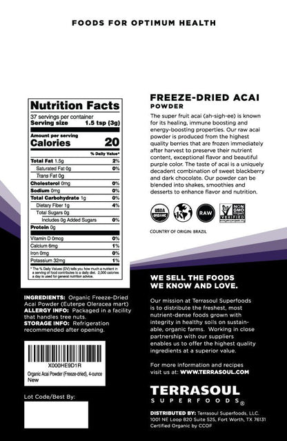 Terrasoul Organic Acai Berry Powder — 4 oz x 2, Freeze-Dried, Antioxidant-Rich