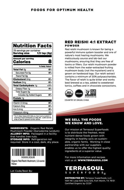 Terrasoul Organic Reishi Mushroom Powder 4:1 Extract (22 oz, 4 Pack) – Immune Support, Sleep & Coffee Enhancer