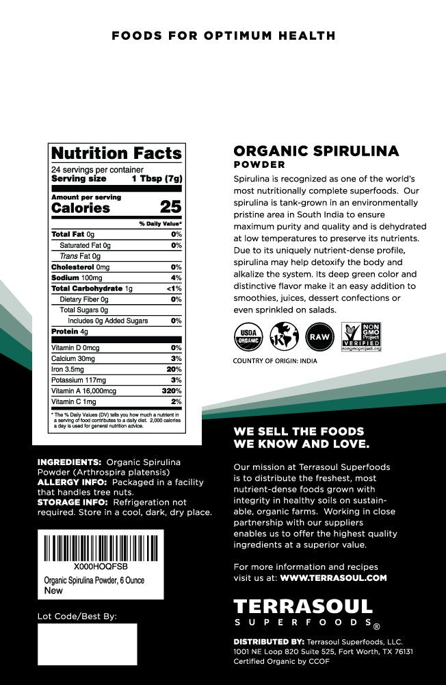 Terrasoul Organic Spirulina Powder 6oz – Vegan Protein & Immune Support