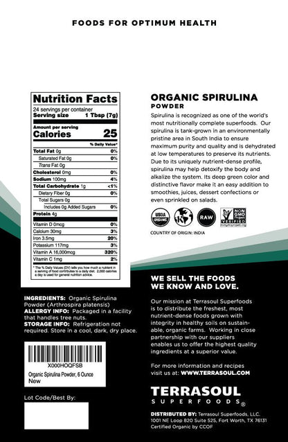 Terrasoul Organic Spirulina Powder 6oz – Vegan Protein & Immune Support