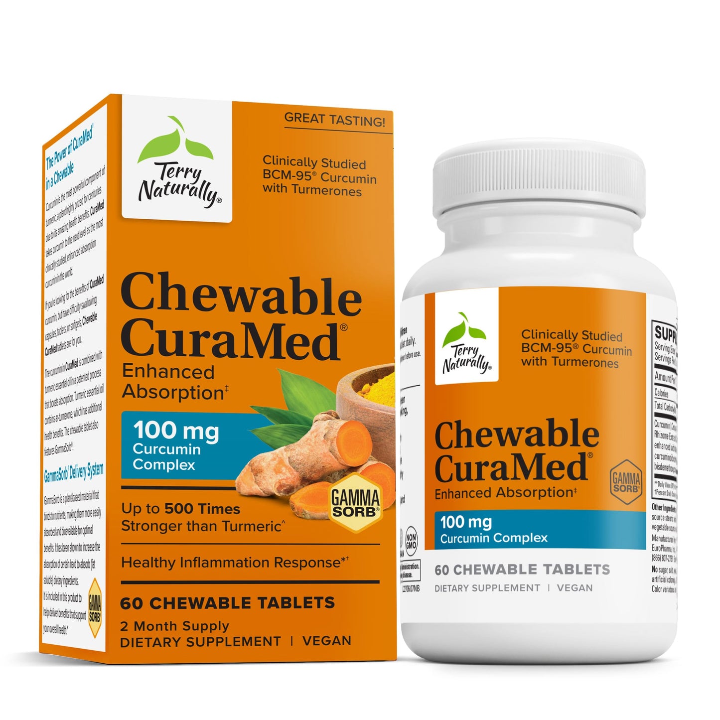 Terry Naturally CuraMed 100 mg Curcumin Complex – Enhanced Absorption Turmeric Supplement for Brain & Liver Health | Vegan | 60 Chewables