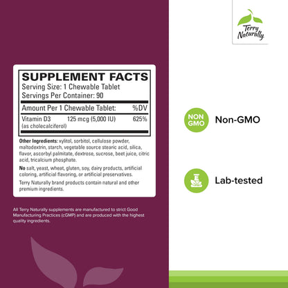 Terry Naturally Vitamin D3 5000 IU – Bone Health, Immune & Brain Support | 90 Chewable Mixed Berry