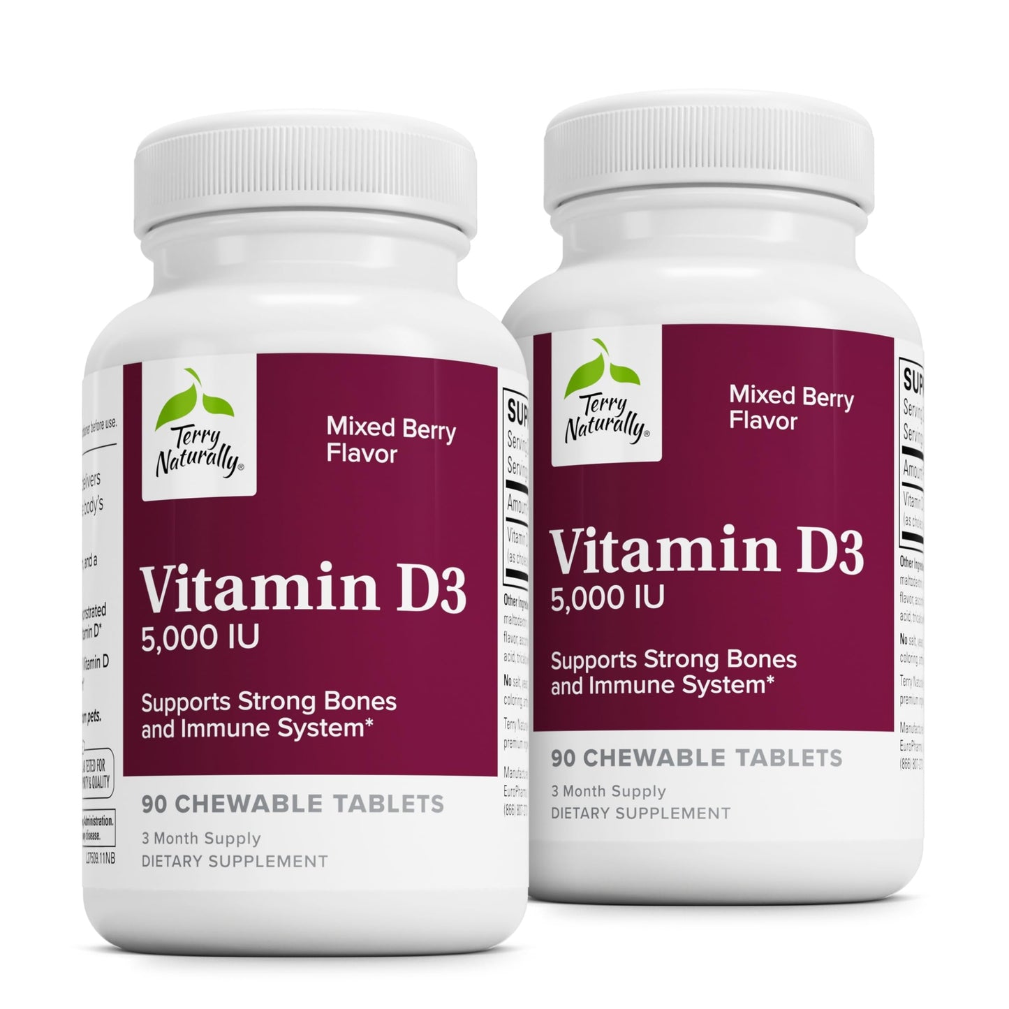 Terry Naturally Vitamin D3 5000 IU – Bone Health, Immune & Brain Support | Berry Chewables, 90 Count (Pack of 2)