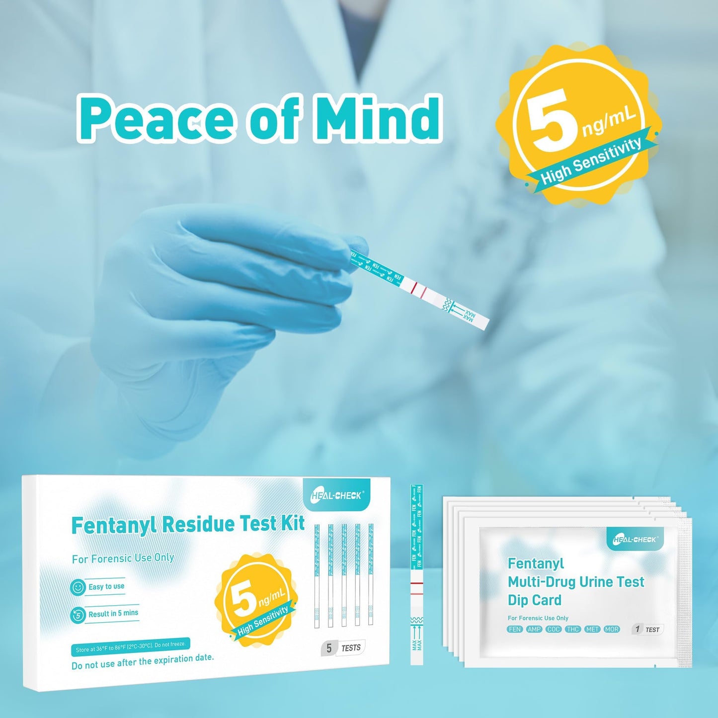 Fentanyl Test Strips 5 Pack | HEAL-CHECK 5 ng/mL High-Accuracy Kit