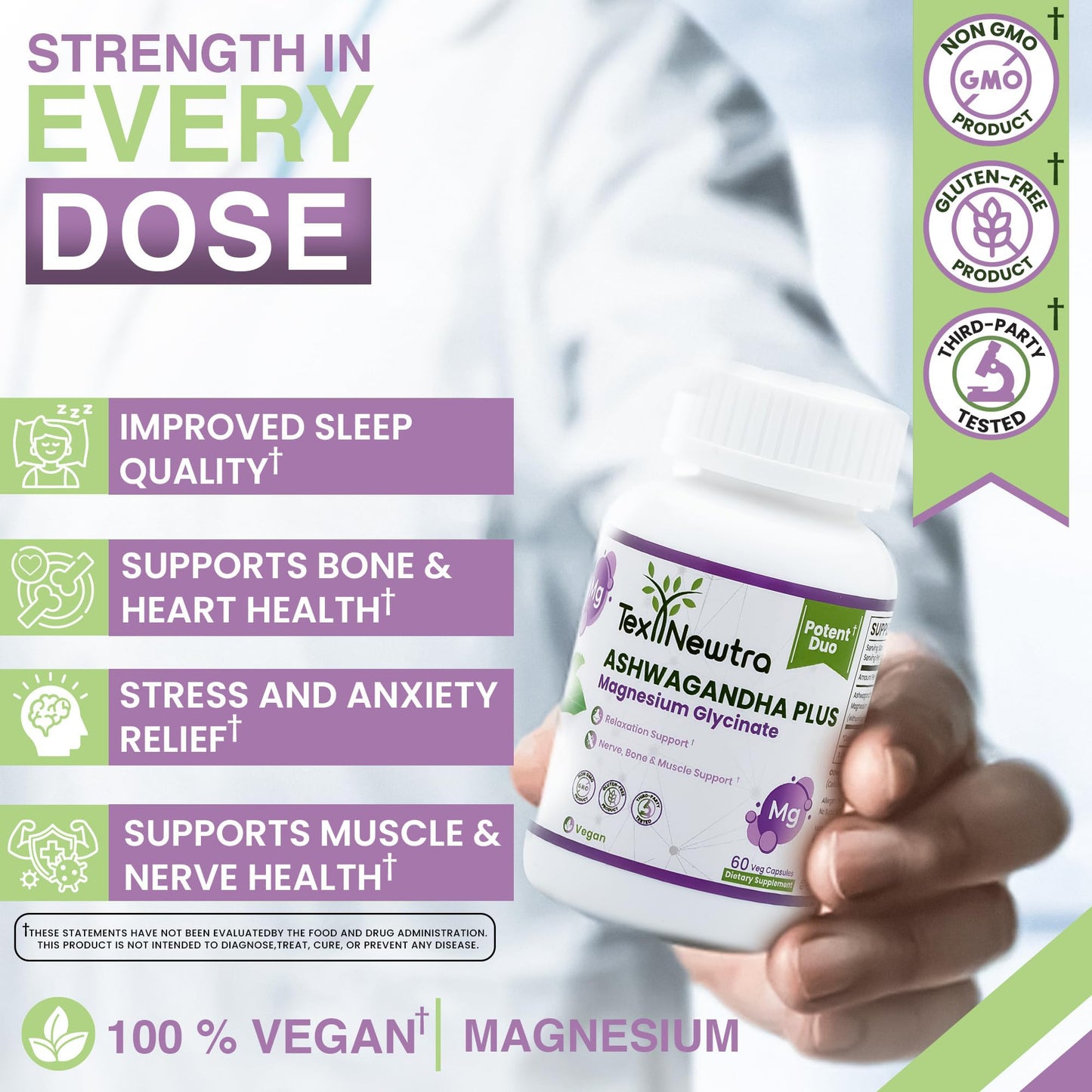 TEX NEWTRA Ashwagandha & Magnesium Glycinate – 60 Vegan Capsules | Non-GMO