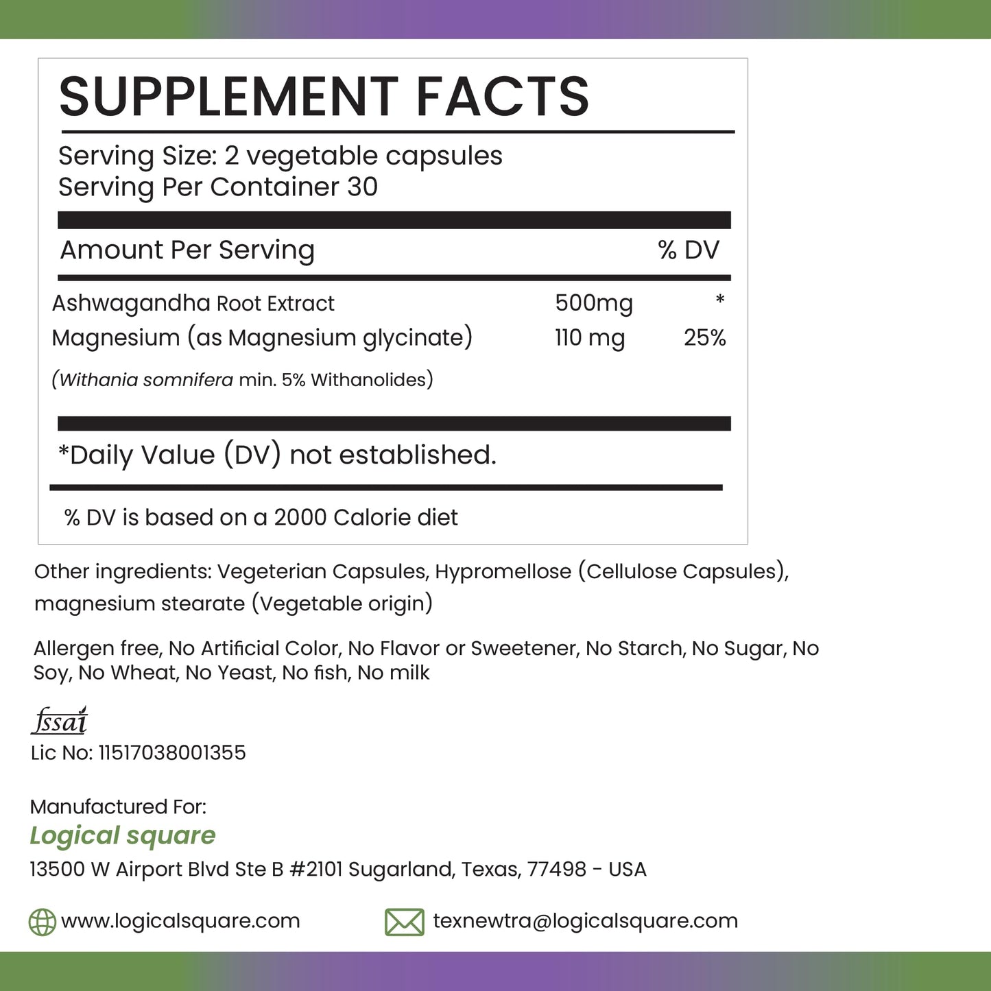 TEX NEWTRA Ashwagandha & Magnesium Glycinate – 60 Vegan Capsules | Non-GMO