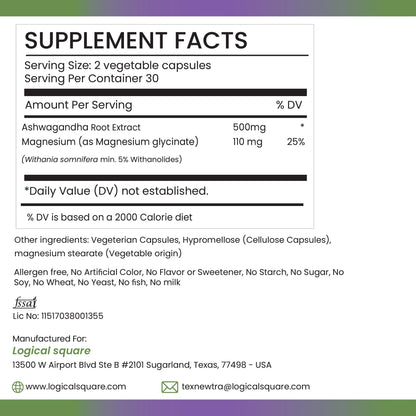TEX NEWTRA Ashwagandha & Magnesium Glycinate – 60 Vegan Capsules | Non-GMO