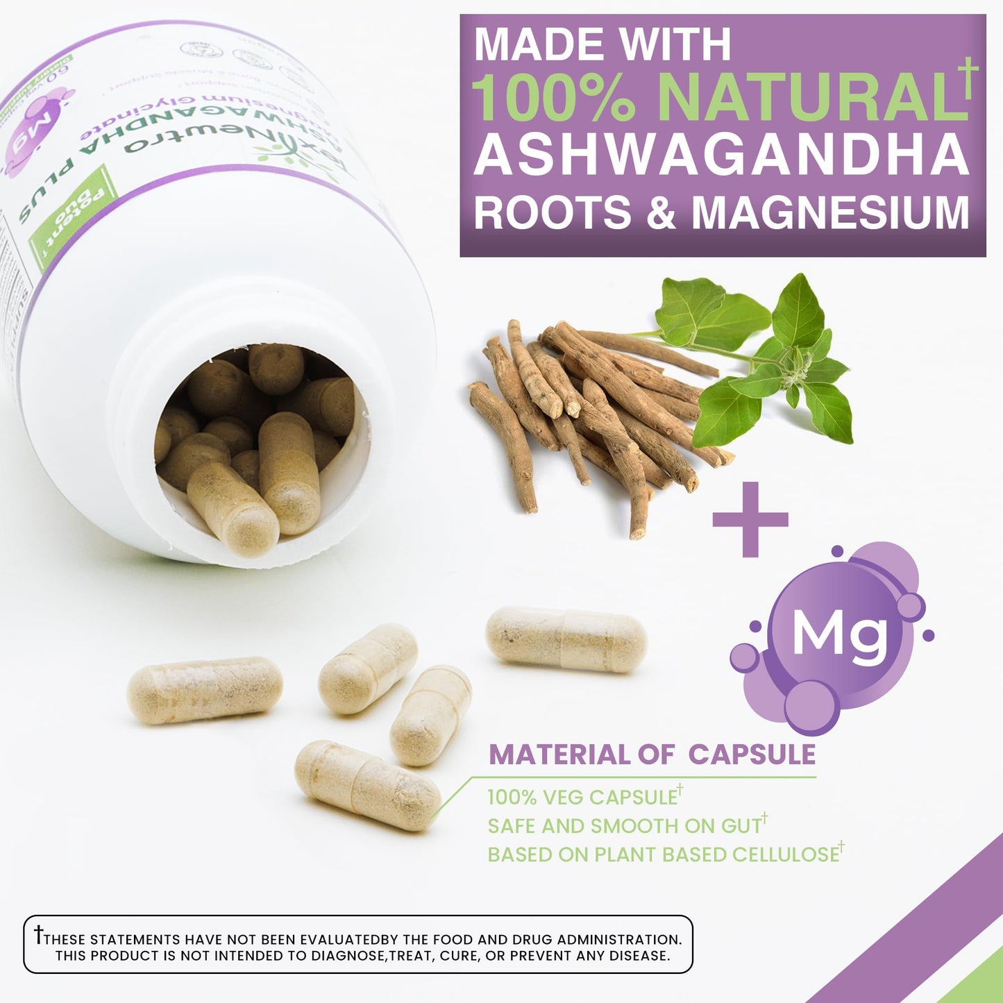 TEX NEWTRA Ashwagandha & Magnesium Glycinate – 60 Vegan Capsules | Non-GMO