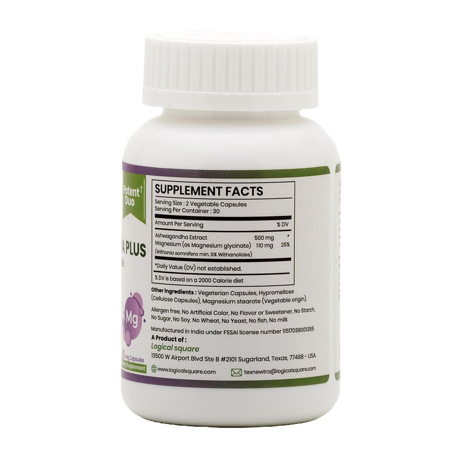 TEX NEWTRA Ashwagandha & Magnesium Glycinate – 60 Vegan Capsules | Non-GMO