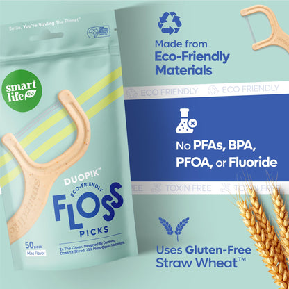 SmartLifeco Eco-Friendly Dual-Thread Dental Floss Picks (200ct) - Straw-Wheat Blend, Mint