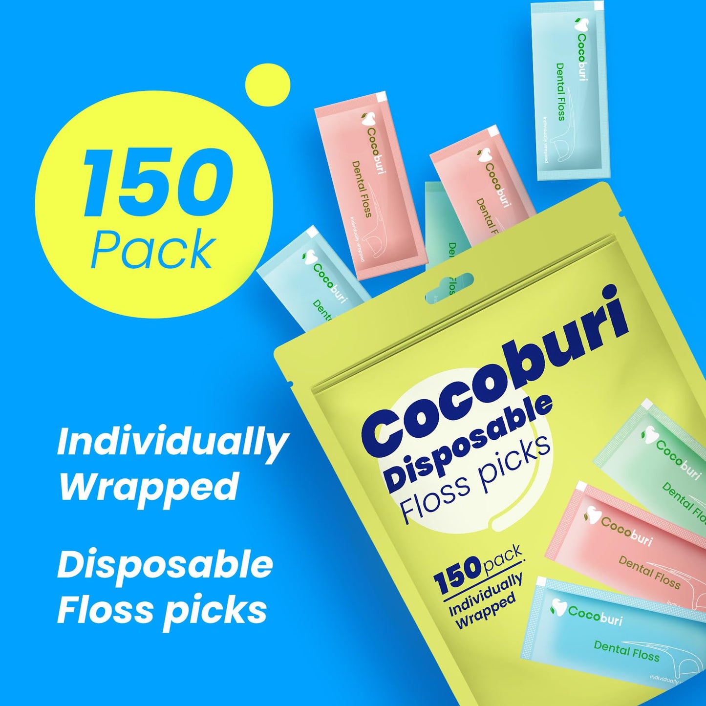 Individually Wrapped Dental Floss Picks - Disposable Floss Picks for Adults - 150 Count - BPA Free - Bulk Pack