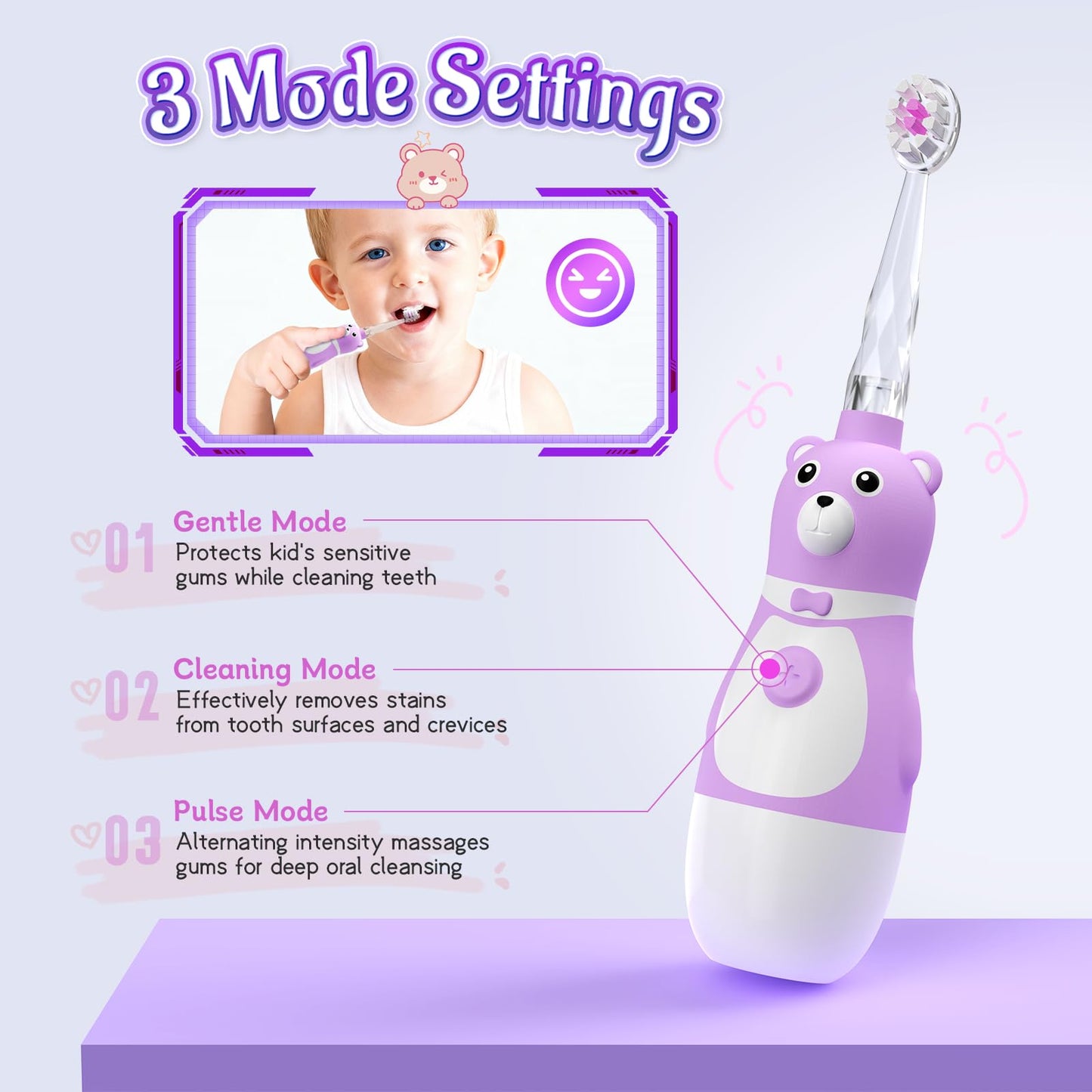 TFZTFZ Kids Electric Bear Toothbrush Set - Soft Bristle, Purple Bear Design