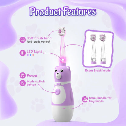 TFZTFZ Kids Electric Bear Toothbrush Set - Soft Bristle, Purple Bear Design